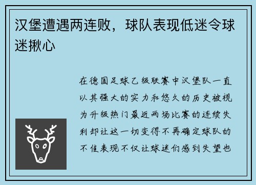 汉堡遭遇两连败，球队表现低迷令球迷揪心