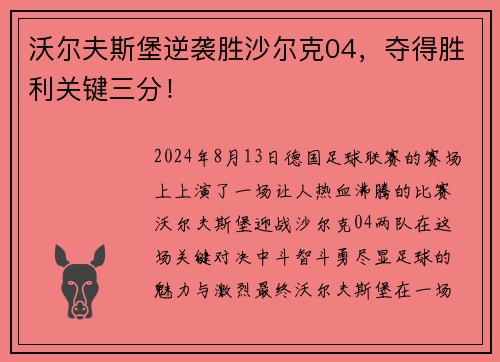 沃尔夫斯堡逆袭胜沙尔克04，夺得胜利关键三分！